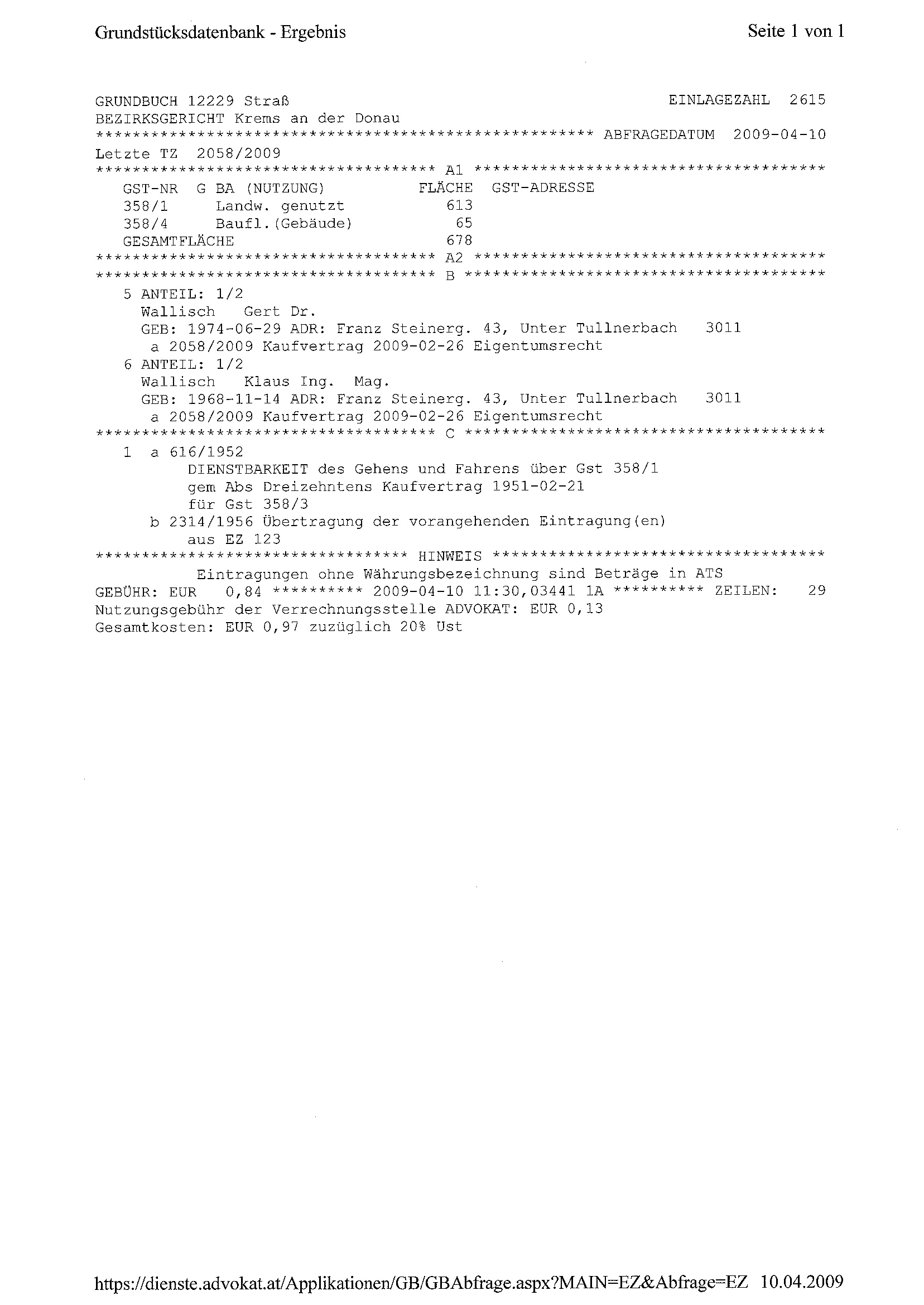 Grundbuchauszug Seite 1